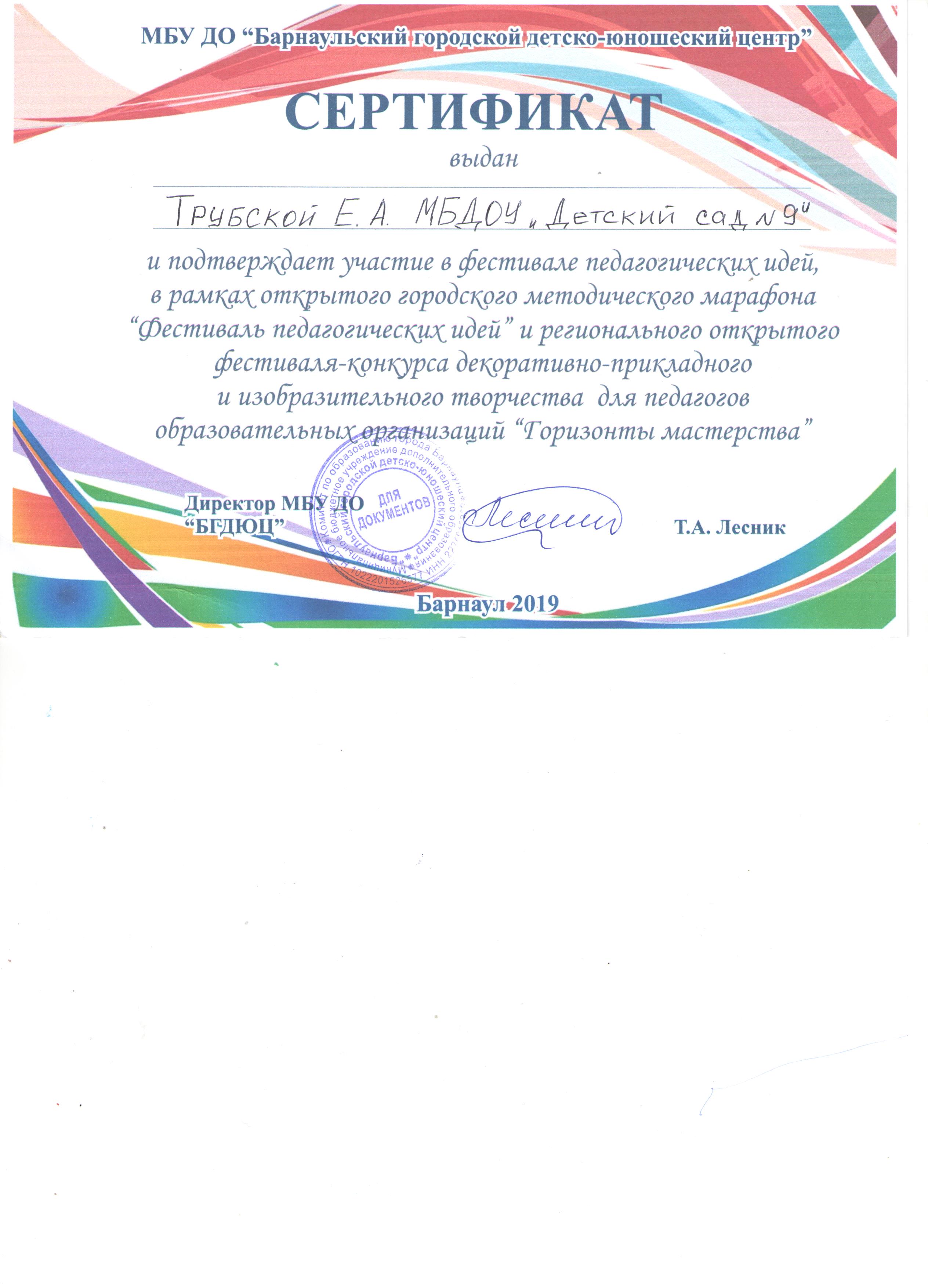 сертификат Фестиваль педагогических идей
